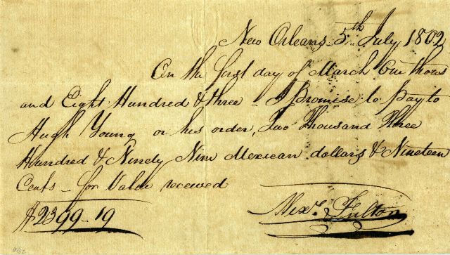 Front of the Alexander Fulton promissory note, July 5, 1802