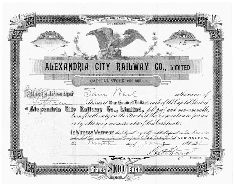Alexandria City Electric Railway Company stock certificate